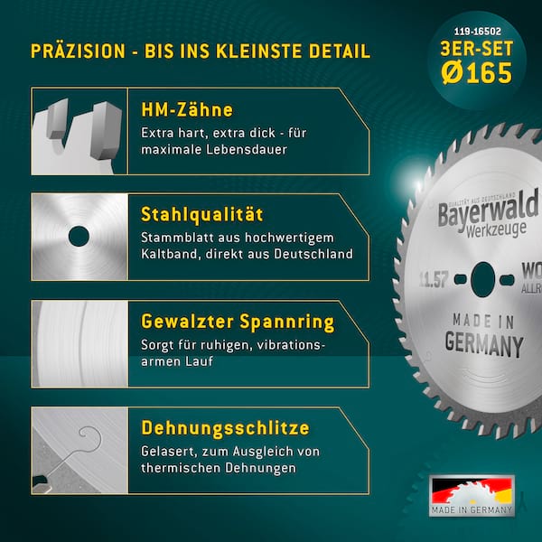 Bayerwald Kreissägeblatt Set Ø160 (3 tlg.) - für Holz Allround - geeignet für Handkreissägen von Bosch, Makita, Metabo uvm.
