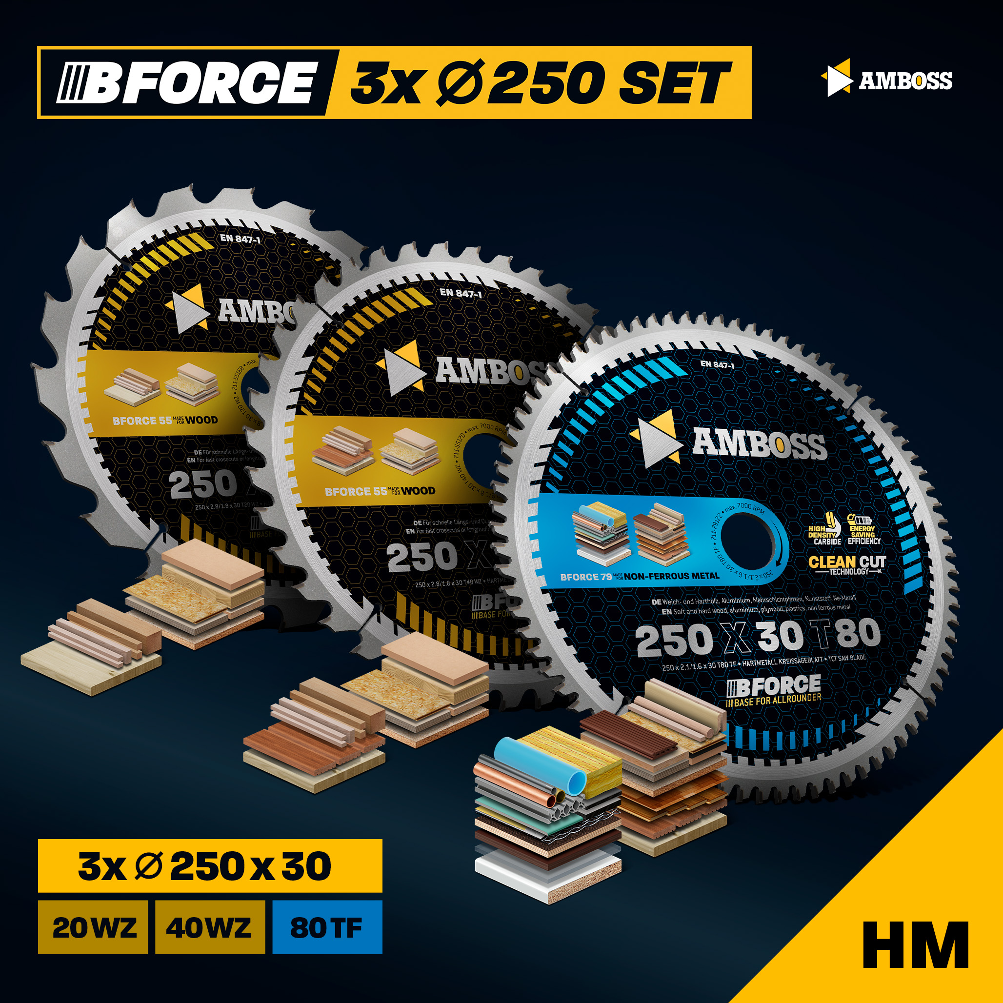 Ø250 Hand- Kreissägeblatt Set passend für Mafell Erika 85 EC, Dewalt DWE 7492 uvm.