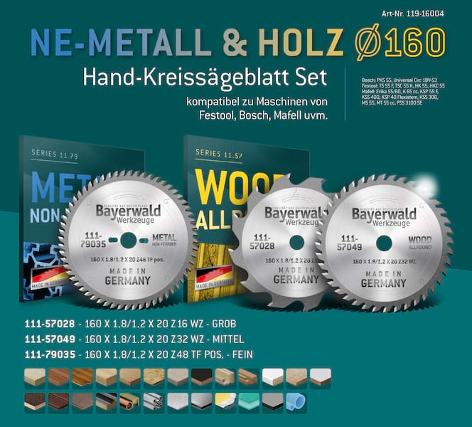 Bayerwald Kreissägeblatt Set Ø160 (3 tlg.) - für NE-Metall & Holz - geeignet für Handkreissägen von Bosch, Festool, Mafell uvm.