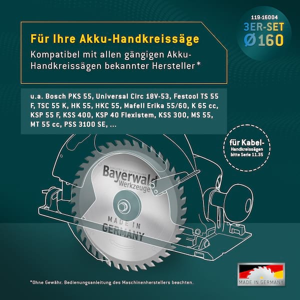 Bayerwald Kreissägeblatt Set Ø160 (3 tlg.) - für NE-Metall & Holz - geeignet für Handkreissägen von Bosch, Festool, Mafell uvm.