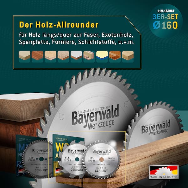 Bayerwald Kreissägeblatt Set Ø160 (3 tlg.) - für NE-Metall & Holz - geeignet für Handkreissägen von Bosch, Festool, Mafell uvm.