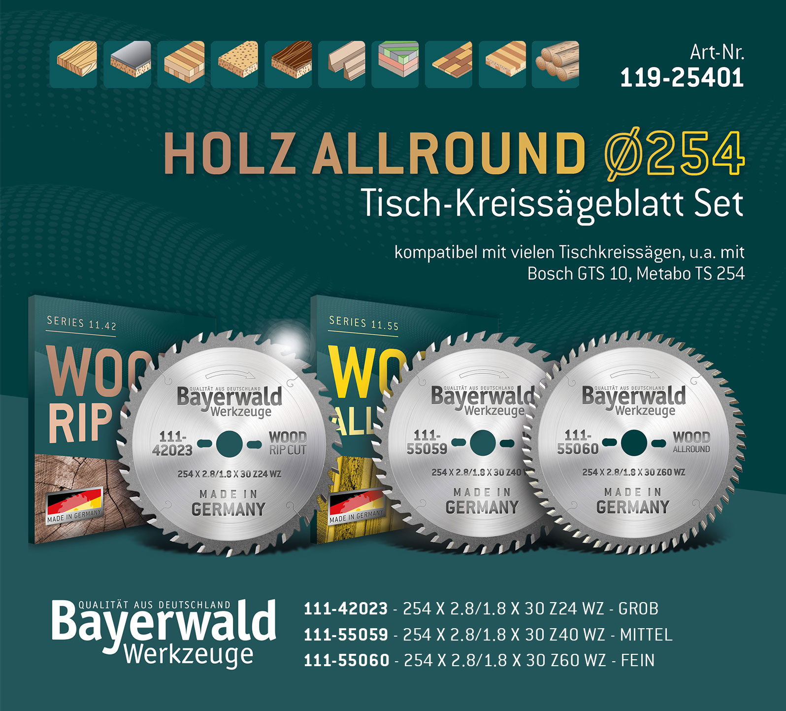 Kreissägeblatt Set 254 für Bosch GTS 10 und PTS 10 - der Allrounder