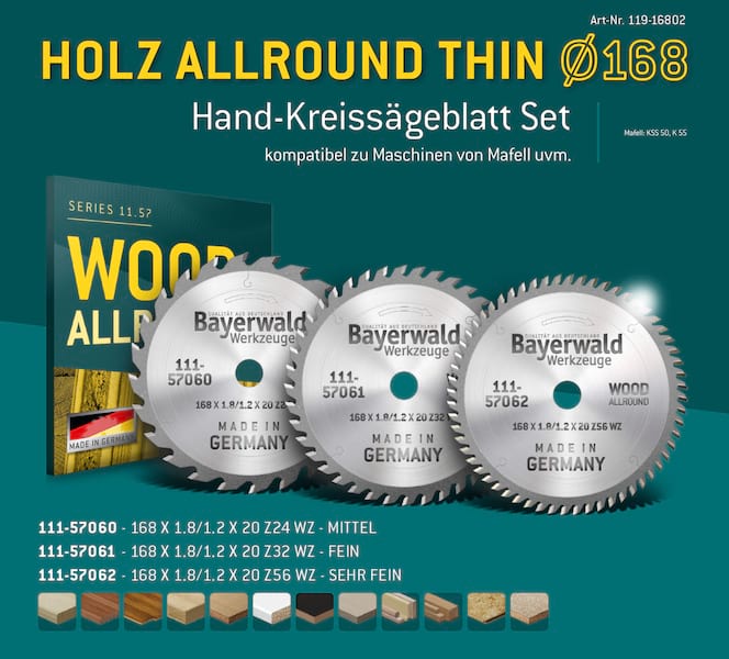 Bayerwald Kreissägeblatt Set Ø160 (3 tlg.) - für Holz Allround - geeignet für Akku-Handkreissägen von Mafell uvm.