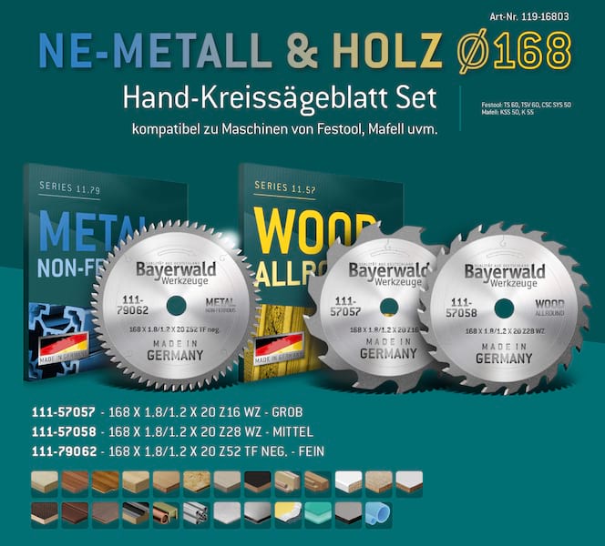Bayerwald Kreissägeblatt Set Ø160 (3 tlg.) - für NE-Metall & Holz - geeignet für Handkreissägen von Festool, Mafell uvm.