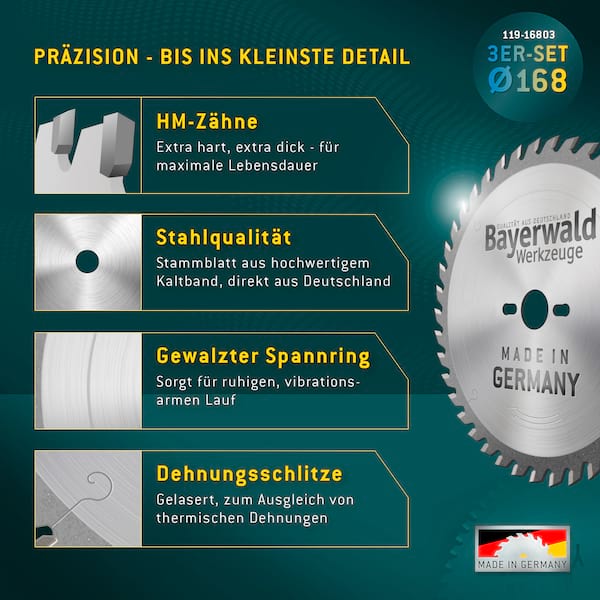 Bayerwald Kreissägeblatt Set Ø160 (3 tlg.) - für NE-Metall & Holz - geeignet für Handkreissägen von Festool, Mafell uvm.