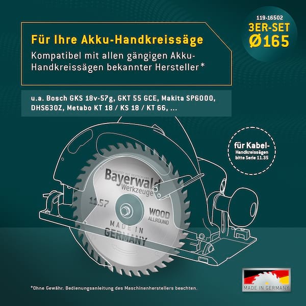 Bayerwald Kreissägeblatt Set Ø160 (3 tlg.) - für Holz Allround - geeignet für Handkreissägen von Bosch, Makita, Metabo uvm.