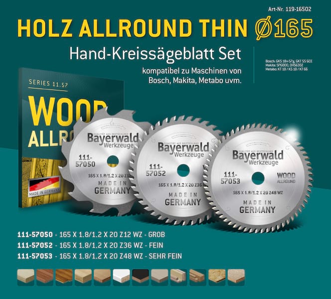Bayerwald Kreissägeblatt Set Ø160 (3 tlg.) - für Holz Allround - geeignet für Handkreissägen von Bosch, Makita, Metabo uvm.
