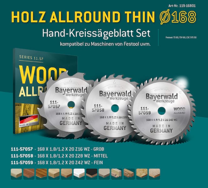 Bayerwald Kreissägeblatt Set Ø168 (3 tlg.) - für NE-Metall & Holz - geeignet für Akku-Handkreissägen von Festool uvm.