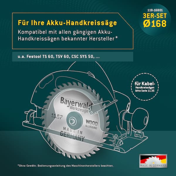 Bayerwald Kreissägeblatt Set Ø168 (3 tlg.) - für NE-Metall & Holz - geeignet für Akku-Handkreissägen von Festool uvm.